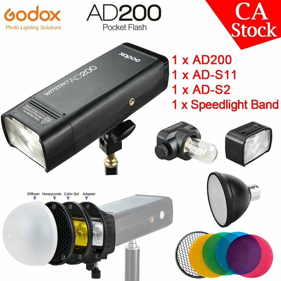 US Godox AD200 2.4G TTL HSS Pocket Flash + AD-S11+ AD-S2 + Speedlight Band - Image 1 of 4