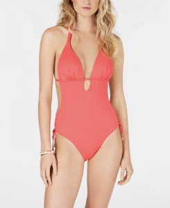Bar III Swimsuit 1pc One Piece Solids Halter Plunge Cutout Coral 9MBBB04M Sz S - Picture 1 of 8