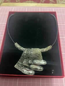 Vintage Antiqued Silver Tone Jewelled Pendant Leather Strung Necklace - Picture 1 of 4