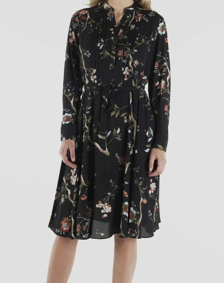 Nanette Lepore Women's Black Floral Sash Belt Pintuck Shirtdress Size 2