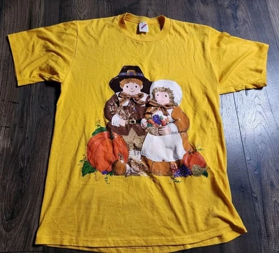 Vintage Mens XL Thanksgiving Pilgrims Puff Paint T Shirt Double Sided  - Image 1 of 4
