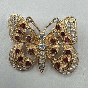 Vintage römische Brosche Schmetterling Strass rot weiß goldfarben Anstecknadel - Bild 1 von 5