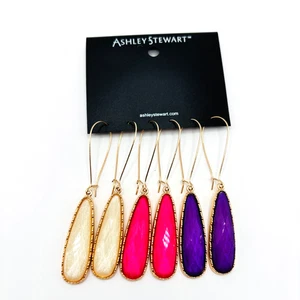 Ashley Stewart Long Teardrop Earrings Set Pink Purple White Gold Tone NWT - Picture 1 of 4