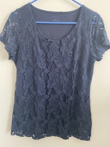 Tom tailor blue lace layered short sleeve round neck stretchy top women's size L - Picture 1 of 7