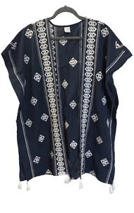 Time and Tru Navy Blue w/White Embroidery Beach Cover Up Pom Pom Trim One Size - Picture 1 of 8