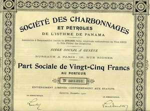 Panama - Rare Ste Minière & Pétrolière de l'Isthme de Panama Titre 1 Part 1900 - Bild 1 von 2