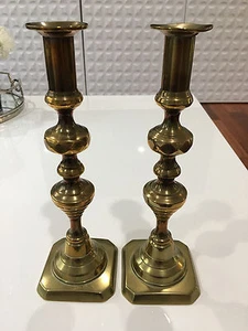Antique 19th Cent. or Earlier Pair of Brass Candlesticks Candle Holders Beehive - Picture 1 of 12