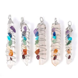 Colgante de péndulo de Reiki de cuarzo envuelto en alambre de piedra de cristal curativo natural de 7 chakras - Imagen 1 de 3
