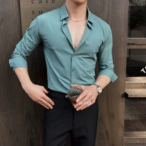 Spring Silk Shirts Men's Long Sleeve Shirt Single Button Top Slimming Shirt - Picture 1 of 30