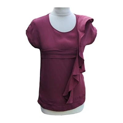 Weekend MaxMara T-Shirt  Plum Burgundy Silk Fronted Top Size Small Frill Tucks - Image 1 of 4