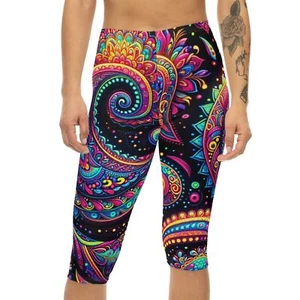 Boho Vibrant Paisley Psychedelic Women’s Capri Leggings (AOP) All Sizes - Picture 1 of 8