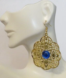Gold Plated Stamped Filigree Dangle 2  1/4" Long 1/2" Blue Accent Lightweight - Picture 1 of 3