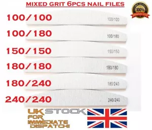 6x Zebra Nail Files – Half Moon Shape Mixed Grit Pro Emery Board Double Sided UK - Picture 1 of 12