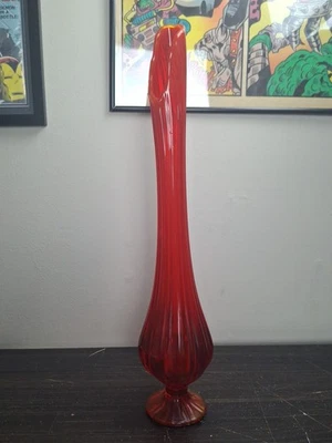 VINTAGE LE SMITH ? AMBERINA SWUNG GLASS VASE 22"  - Image 1 of 4