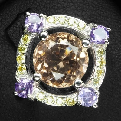 Preciosos anillos redondos de morganita melocotón de 3,04 quilates de plata de ley 925 con halo de oro blanco Foto 1 de 4