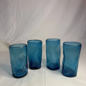 Vintage mundgeblasene Blenko blau Crackle Glas eingeklemmt Becher 12 Oz? 4er Set - Bild 1 von 11