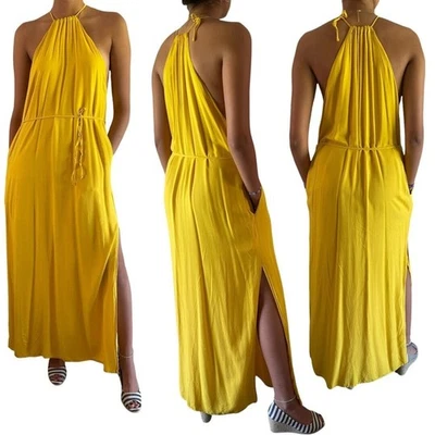 Maxi Vestido Halter Urban Outfitters para el Sol Talla Grande XS Sin Mangas Bolsillos abertura Amarillo Foto 1 de 4