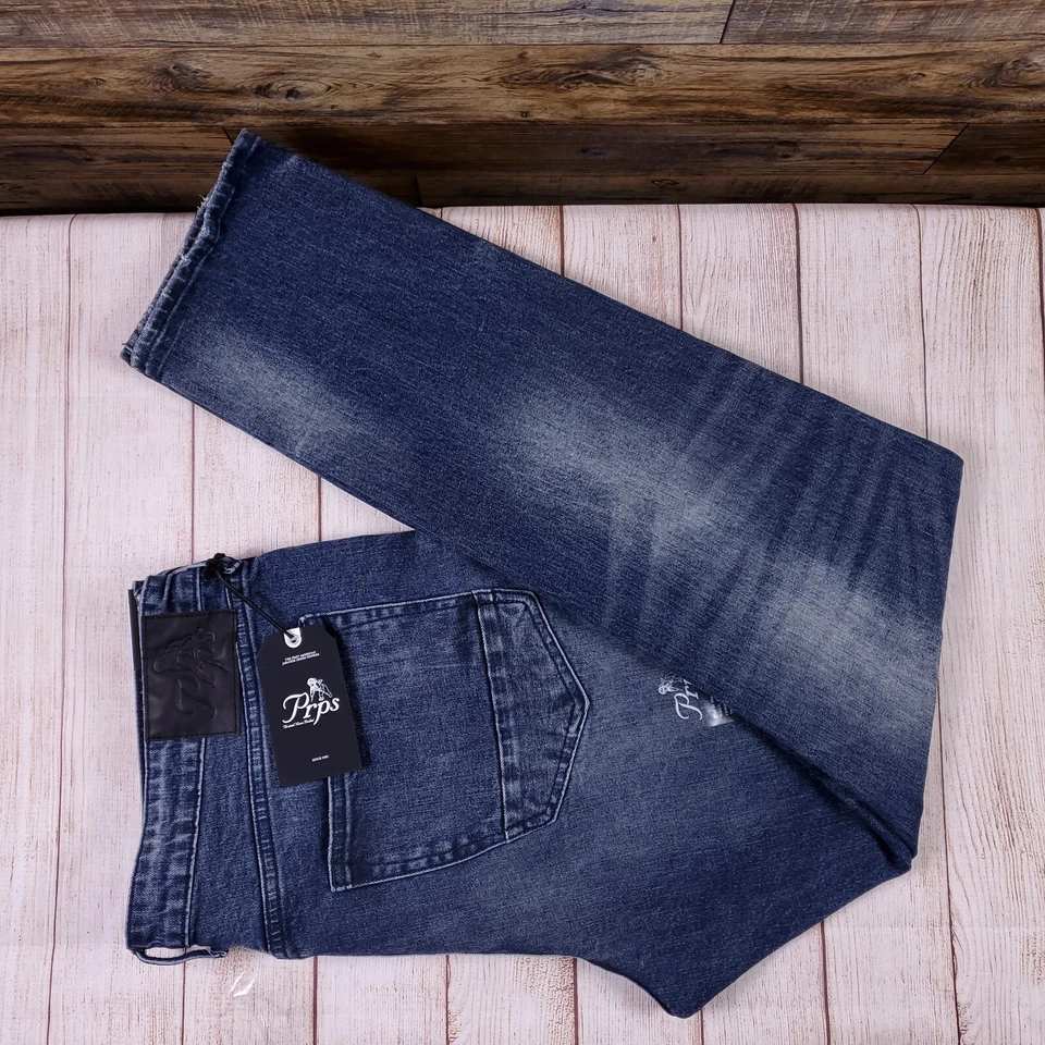 PRPS SLIM TAPERED FIT STRETCH RIPPED MEDIUM WASH DENIM JEANS MENS 40x33