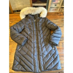 Anne Klein Down Feather Puffer Coat Faux Fur Trimmed Hooded Quilted Black - Picture 1 of 10