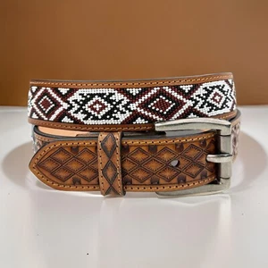 Full Grain Leather Hand Tooled Western Belt Cowboy Rodeo Beaded Removable Buckle - Picture 1 of 11