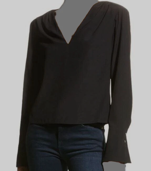 Frame Women Black Silk Pleated V-Neck Long Sleeve Blouse Top Size M