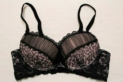 Leopard print pink/black lace underwire push-up Bra- Satin bow - Size 28B - Image 1 of 4