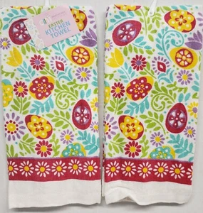 SET OF 2 KITCHEN TERRY TOWELS (15"x25") EASTER SPRING FLOWERS & EGGS SHAPES, AM - Picture 1 of 18