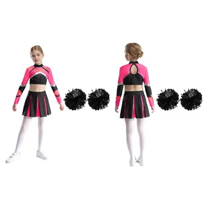 Girls Cheerleading Dress Sparkle Dance Crop Top with Pleated Skirts and Pom-poms - Picture 1 of 51