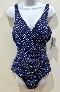 Costume intero donna Jantzen Classics blu navy a pois corpetto incrociato 16 NUOVO - Foto 1 di 17