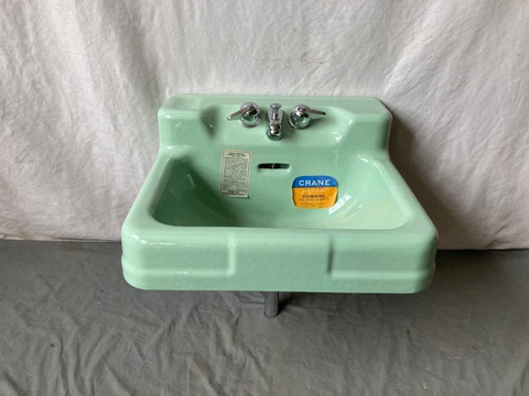 Vtg NOS Cast Iron Pale Jade Green Porcelain Crane Neuday Bath Wall Sink 94-23E Cover