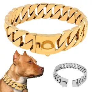 Thick Dog Chain Collar Heavy Duty Cuban Link Stainless Steel for Pet Gold/Silver - Picture 1 of 14