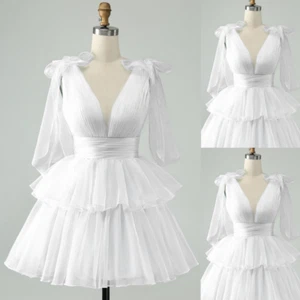 Simple Chiffon Short Wedding Home Coming Dress Ruffles V Neck A-Line Bridal Gown - Picture 1 of 13