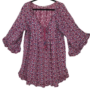 ROXY Tunika Kleid LARGE weinrot Print Glockenärmel Boho Strand Knopfleiste Quaste zum Binden - Bild 1 von 9