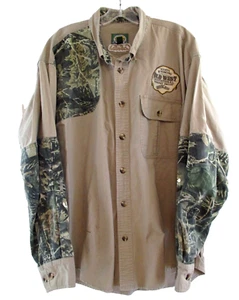Cabelas Shooting Hunting Shirt Camo Khaki Padded Shoulder Mens XL Wyoming Turkey - Picture 1 of 6