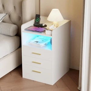 Bedside Table 3 Drawers Wooden, LED Nightstand with Charging Station and USB Po - Picture 1 of 8