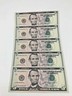 New 5 x Uncirculated $5 Five Dollar Bills in Sequential Order US Real Money
