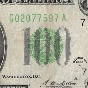 Lime Green Seal 1928 A Chicago One Hundred Dollar Bill G02077597A Gold Clause - Picture 1 of 11