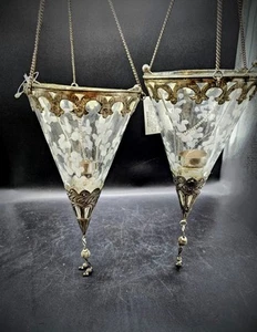 Paar hängende Glas Windlicht Laternen geätzt Blumenmuster Boho Hochzeit Glam - Bild 1 von 12