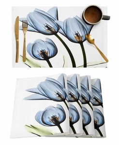 Place Mats Indoor Set of 4 Blue Flower Cotton Linen Placemats for Dining Tabl... - Picture 1 of 6