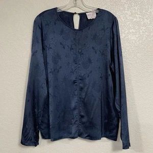 Giada Forte Blouse Top Womens M Satin Embossed Brocade Floral Pineapple Navy - Picture 1 of 17