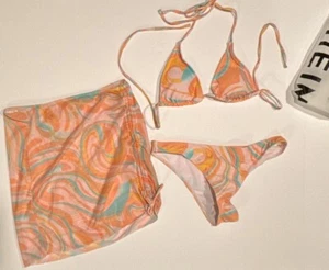 Womens Shein Pastel Print Bikini Bathing Suit with Sheer Skirt Large L New - Picture 1 of 6