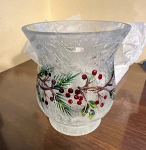 Yankee Candle Frosted Crackle Glass Pine & Berries Hurricane Votive Holder - NIB - Picture 1 of 10
