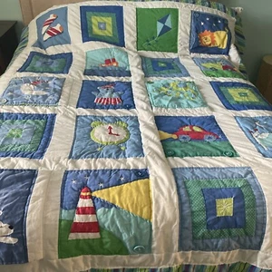 boys toddler quilt bedspread blue green 86x78in Stride Rite 80s 90s RARE - Picture 1 of 22