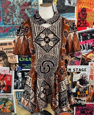 Vtg 60s Brown Barkcloth Peplum Keyhole Neck Tunic Top Petite Sm Retro Tiki Foto 1 de 4