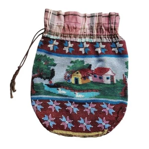 Antique Micro Bead Purse Drawstring Pouch Hand Sewn Taffeta Ruffle Cotton Lining - Picture 1 of 7