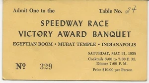 1958 ticket to Indianapolis 500 victory awards banquet - Picture 1 of 1