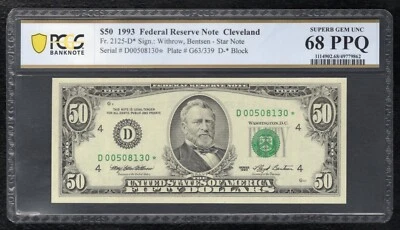 FR. 2125-D* 1993 $50 *STAR* FRN CLEVELAND, OH PCGS BANKNOTE GEM UNC-68PPQ (J) - Image 1 of 2