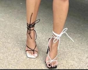 New Womens Thong Open Toe Strappy Stiletto Heel Lace-Up Ankle Strap Ying Yang - Picture 1 of 10