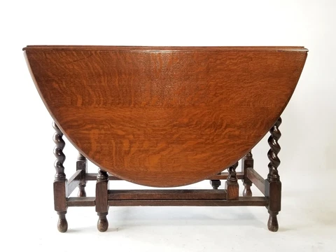 Early 20th C. English Oak Drop-Leaf Dining Table With Barley Twist Gate-Legs Cover