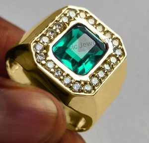 Natural Emerald Gemstone Engagement Ring for Men's 14k Solid Yellow Gold Ring - Picture 1 of 5